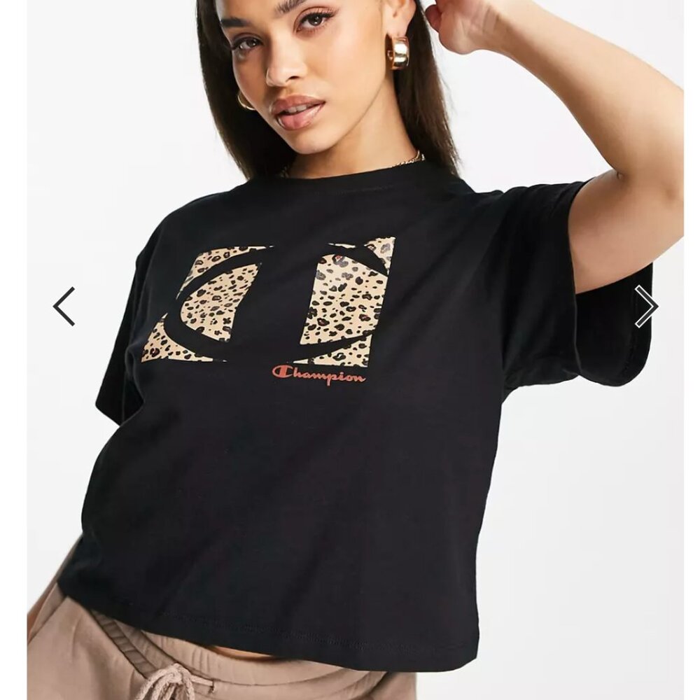 Champion Women's Cropped Leopard Print Graphic Short Sleeve Tee